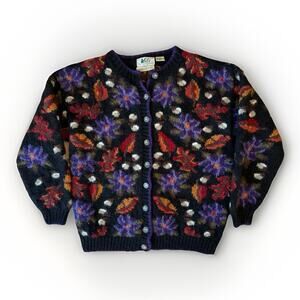 Vintage REI Hand Knit Wool Cardigan Women's Medium Multicolor Floral Outdoors